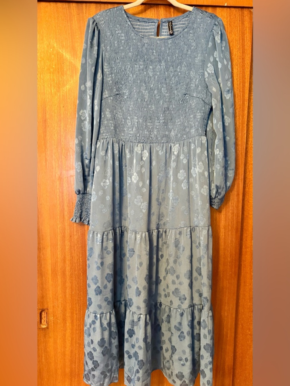 Smocked Bodice Tiered Maxi Dress in Dusty Blue